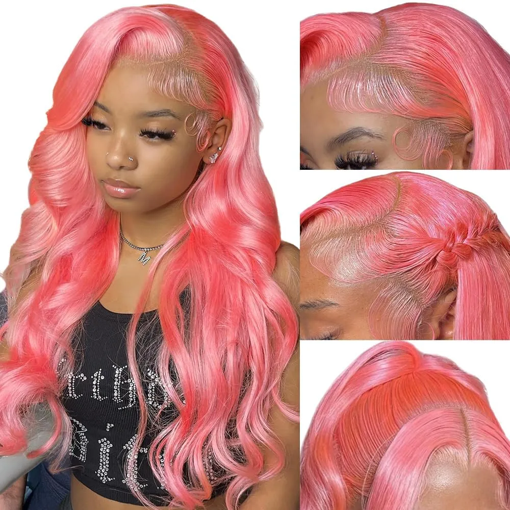 JKD Pink Lace Front Wig Human Hair 13x4 HD Lace Pink Wig Human Hair Pink Body Wave Lace Front Wigs Human Hair Pre Plucked Colored 180% Density Colored Frontal Wig for Women 22 Inch