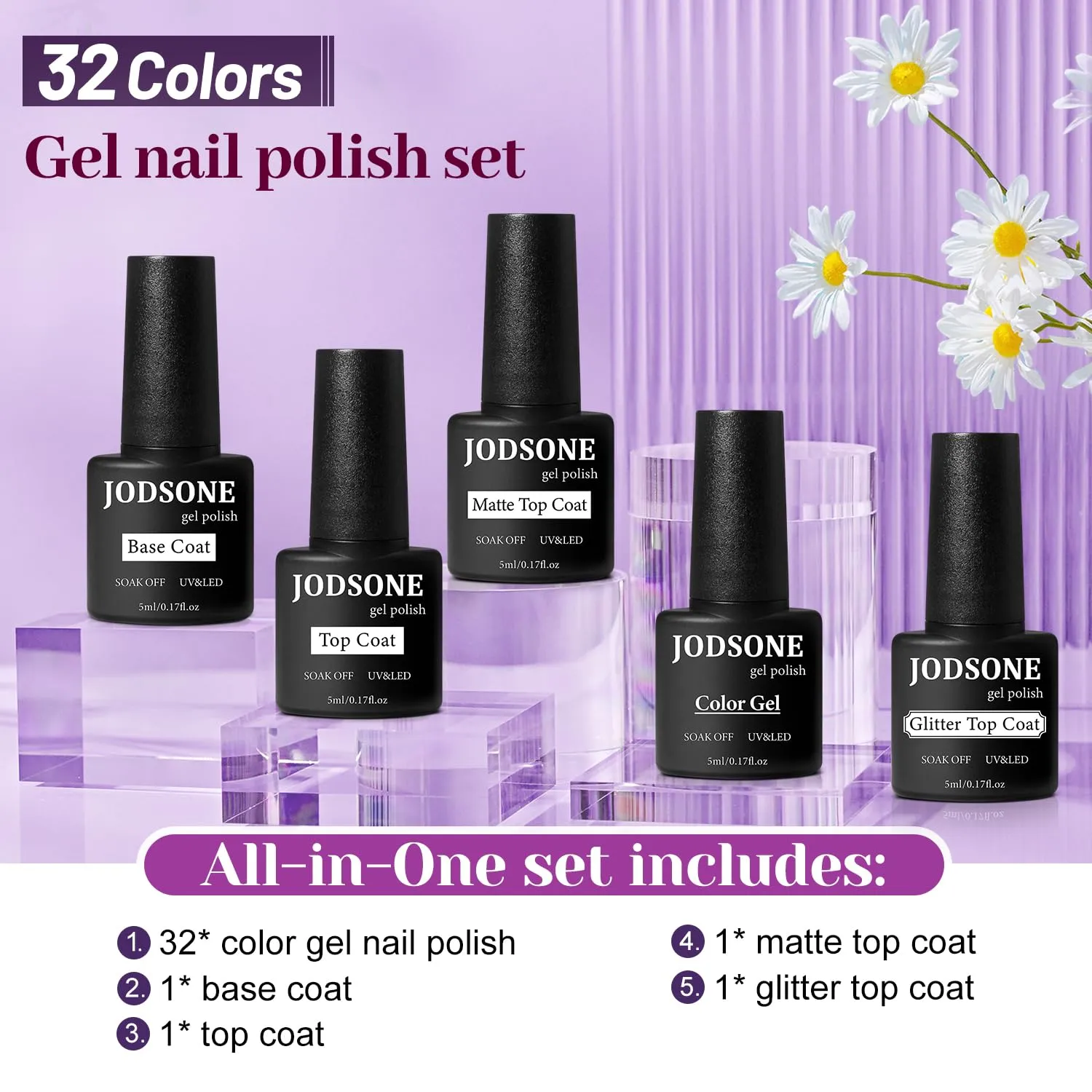 JODSONE 32 4 Pcs Gel Nail Polish Kit Soak Off Gel Polish Set Glitter Gel Nail Kit Nail Art Salon DIY at Home Manicure Kit