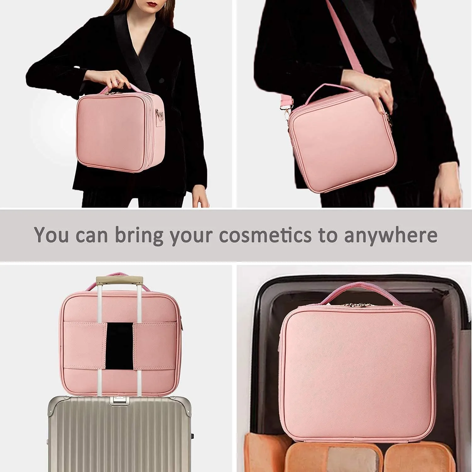 JOURMON Travel Makeup Bag Portable Cosmetic Train Case Organizer Artist Storage Bag with Adjustable Dividers for Cosmetics Makeup Brushes Toiletry Jewelry Digital Accessories(Cute Pink,S)