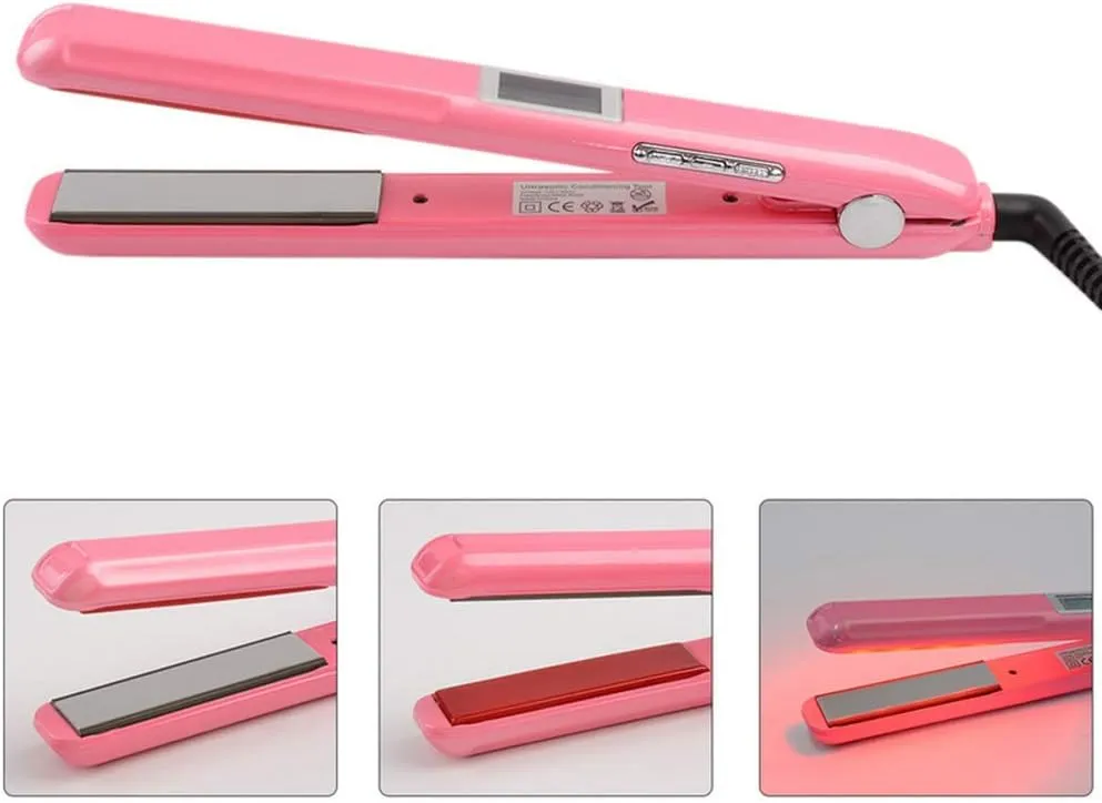 JUKEY Upgrade Professional Infrared Hair Straightener Styler Cold Iron, Recovers The Damaged Hair, Ultrasonic Infrared Hair Care Hair Styler with LCD Display (Pink)