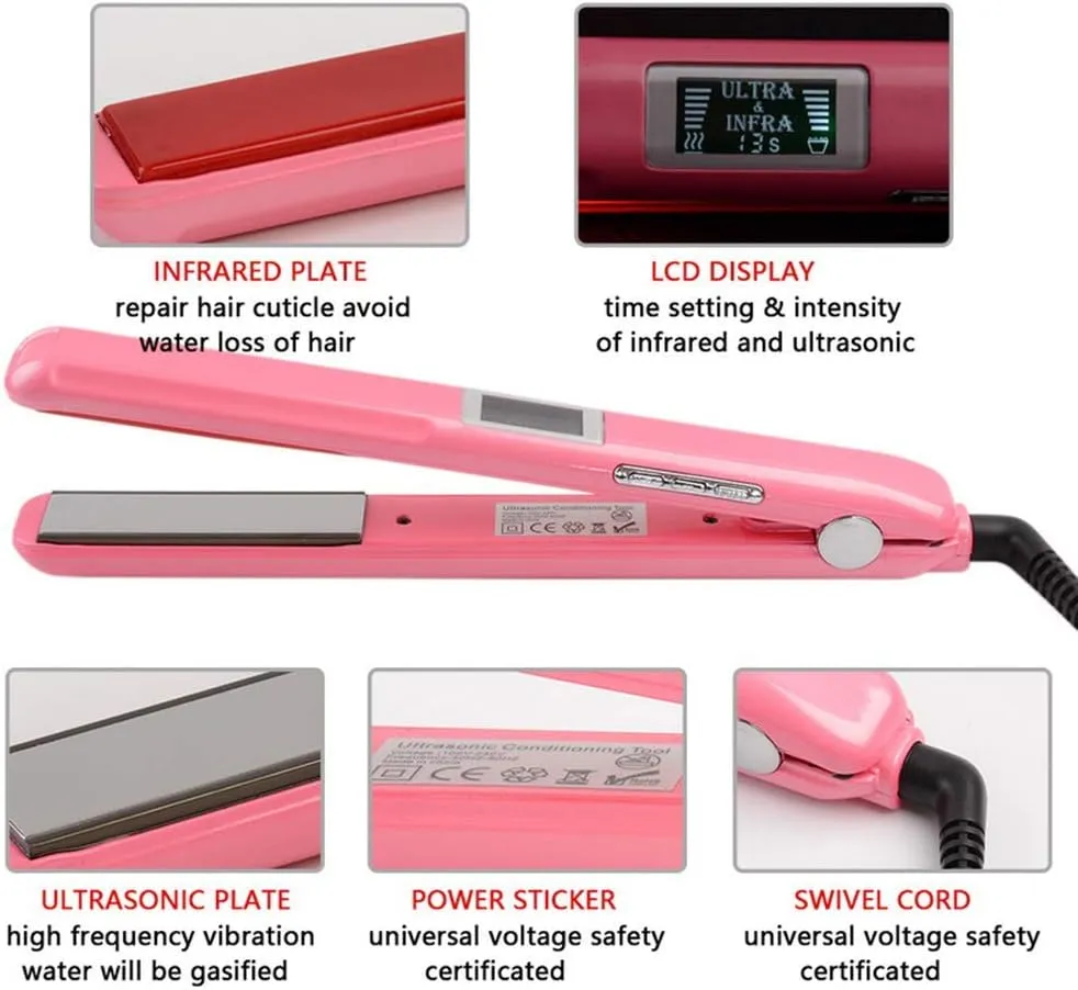 JUKEY Upgrade Professional Infrared Hair Straightener Styler Cold Iron, Recovers The Damaged Hair, Ultrasonic Infrared Hair Care Hair Styler with LCD Display (Pink)