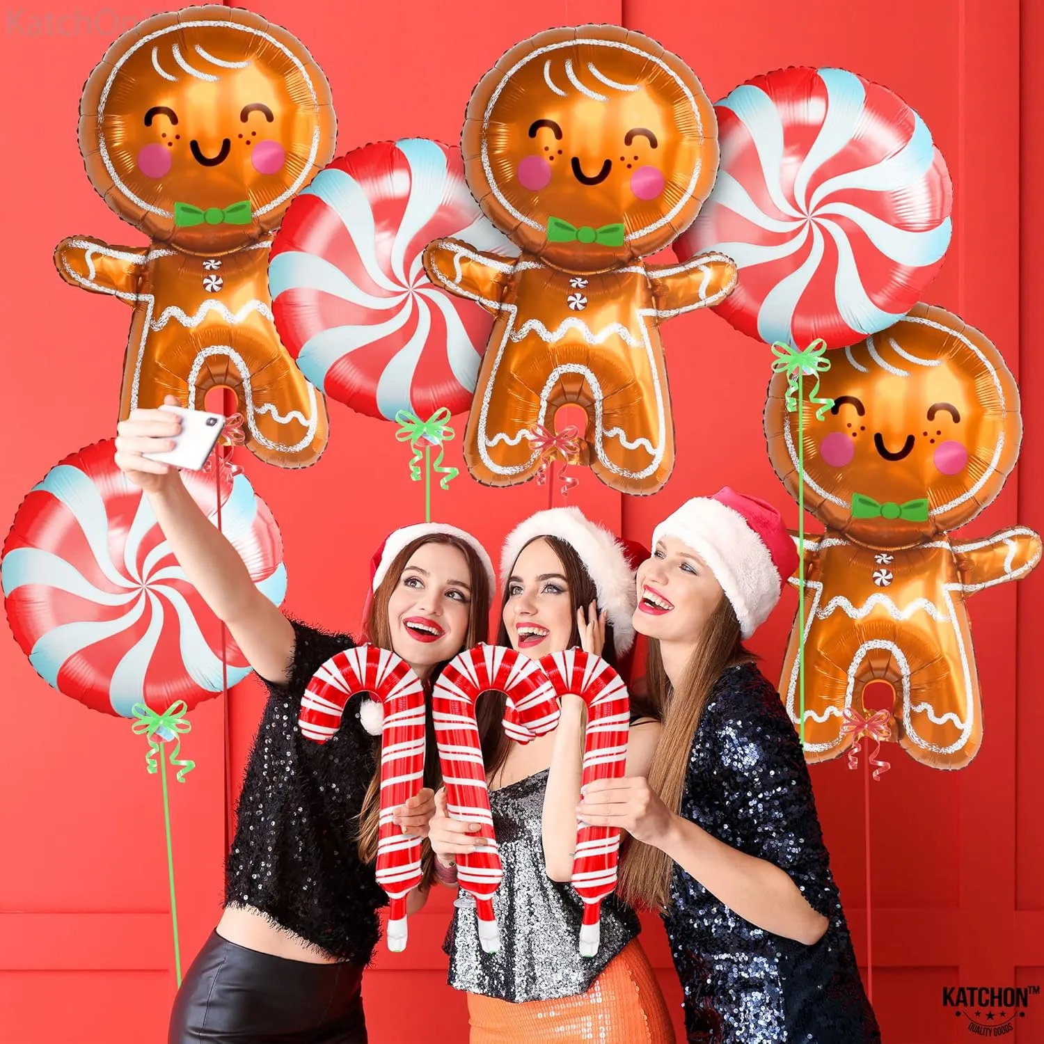 KatchOn Gingerbread and Candy Cane Balloons - 32 Inch, Pack of 9 | Foil Balloon for Christmas Peppermint Decorations