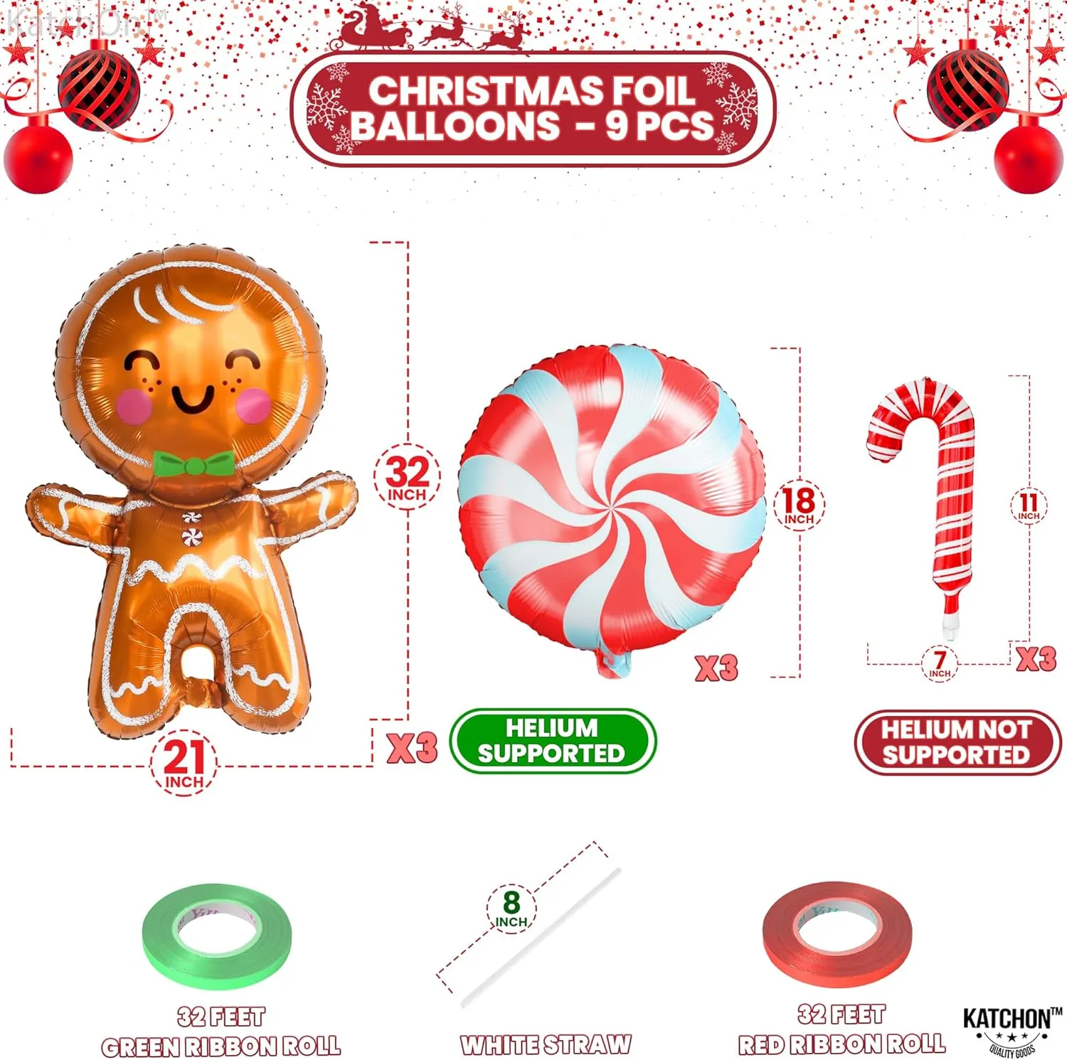 KatchOn Gingerbread and Candy Cane Balloons - 32 Inch, Pack of 9 | Foil Balloon for Christmas Peppermint Decorations