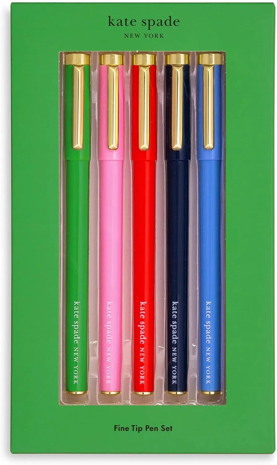 kate spade new york Fine Point Pen Set of 5, Plastic Colorful Pens, Fine Tip Colored Ink Pens for Precise Writing and Journaling