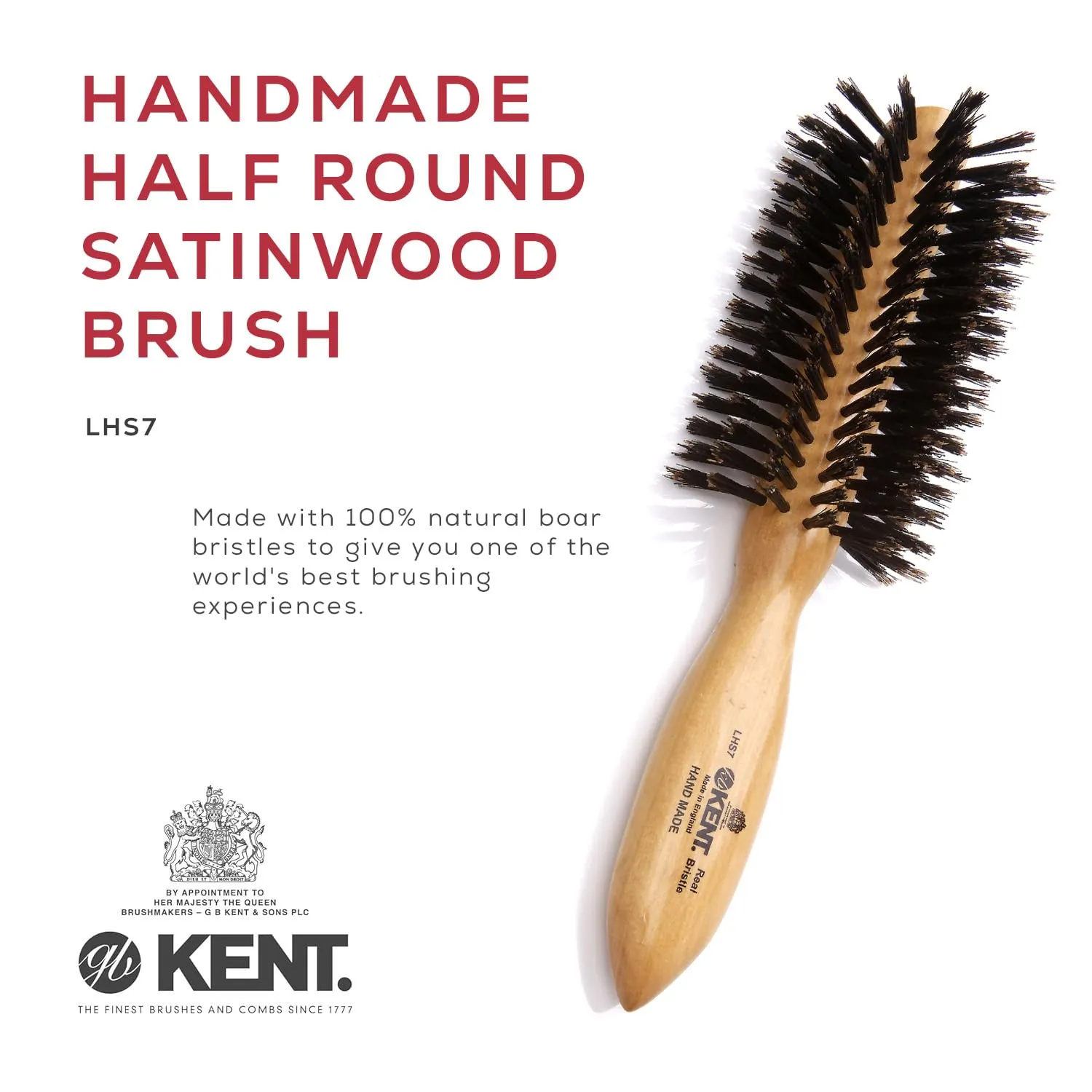 Kent LHS7 Handmade Half Round Satinwood Boar Bristle Hair Brush in Silk-Lined Red Case. Pure Black Wire-Laid Bristle Promotes Natural Shine While Distributing Oils. Made in England