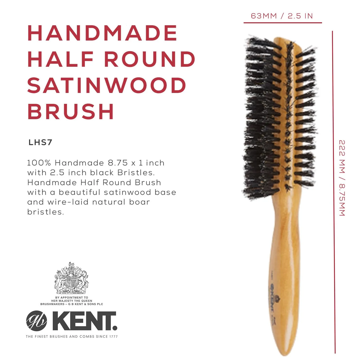 Kent LHS7 Handmade Half Round Satinwood Boar Bristle Hair Brush in Silk-Lined Red Case. Pure Black Wire-Laid Bristle Promotes Natural Shine While Distributing Oils. Made in England