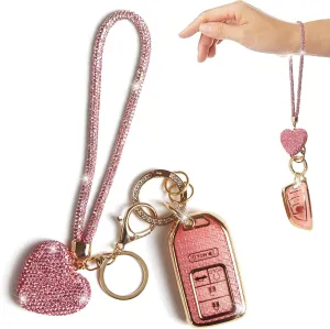 Key Fob Cover with Diamond Heart Keychain Car Key Holder Compatible with 2016-2022 Honda Accord Civic CRV Pilot Ridgeline Passport Remote Key Protector for Women, 5 Buttons (Pink-Wrist Rope)
