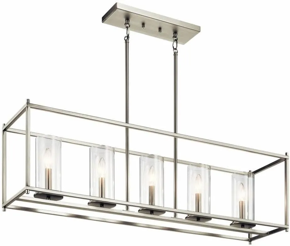 Kichler Crosby 41.25" Linear Chandelier In Brushed Nicke, 5-Light Modern Dining Room Chandelier with Clear Glass, (41.25" L x 25.75" H), 43995NI