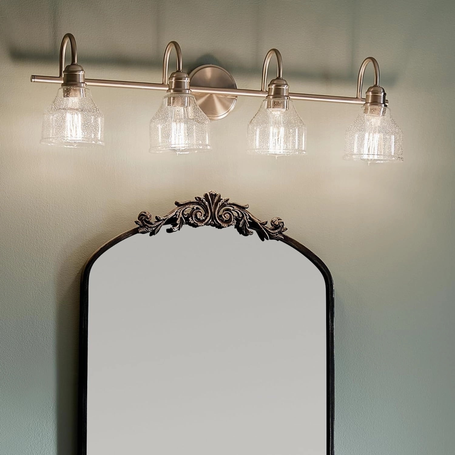 Kichler Avery 33.25" Vanity Bath Light in Brushed Nickel, Vintage 4-Light Bathroom Wall Mount Fixtured with Clear Seeded Glass, (24" W x 9.25" H), 45974NI White