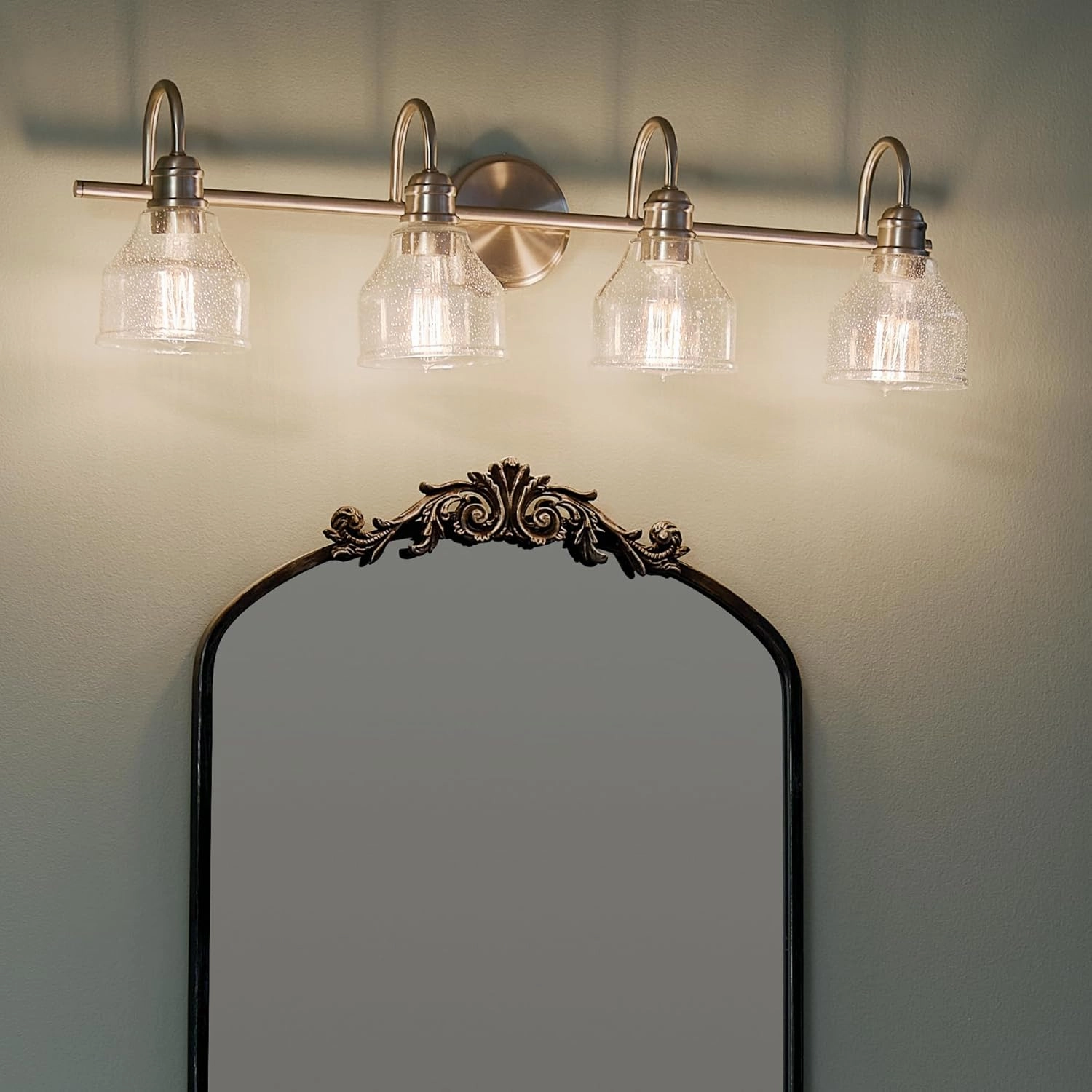 Kichler Avery 33.25" Vanity Bath Light in Brushed Nickel, Vintage 4-Light Bathroom Wall Mount Fixtured with Clear Seeded Glass, (24" W x 9.25" H), 45974NI White