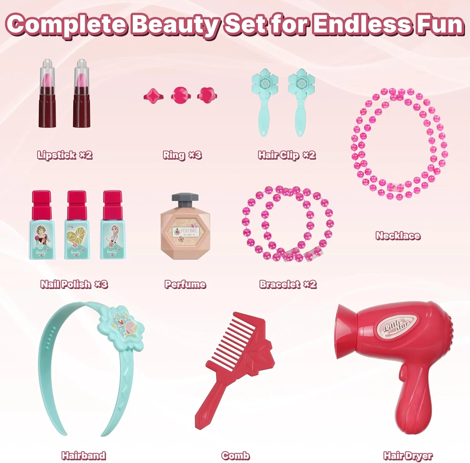 Kids Vanity Set with Mirror, Lights & Music – Pretend Play Princess Makeup Table & Stool, 2-in-1 Beauty Salon Toy with Hair Dryer & Accessories for Girls Ages 3–6