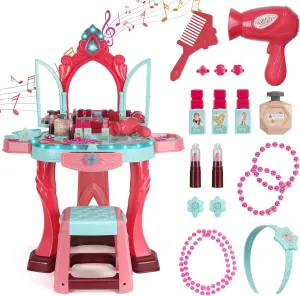 Kids Vanity Set with Mirror, Lights & Music – Pretend Play Princess Makeup Table & Stool, 2-in-1 Beauty Salon Toy with Hair Dryer & Accessories for Girls Ages 3–6