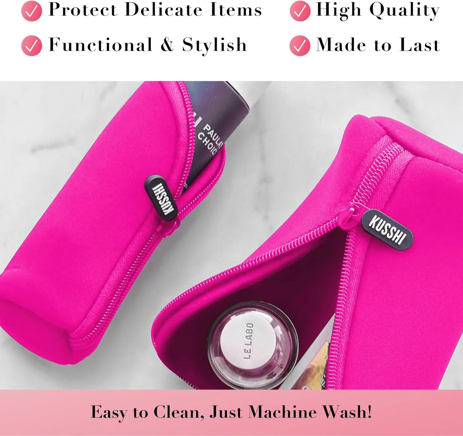 KUSSHI Neoprene Mini Makeup Pouch for Purse and Travel - Travel Pouch for Delicate Bottles and Beauty Items - For Foundations, Serums, Perfumes and More (Size Jumbo, Pink)