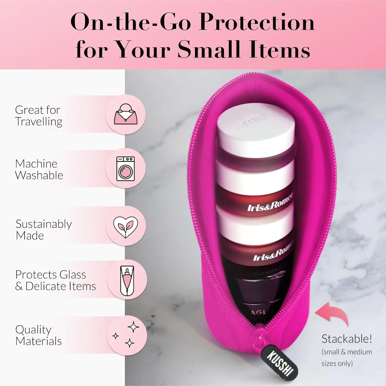 KUSSHI Neoprene Mini Makeup Pouch for Purse and Travel - Travel Pouch for Delicate Bottles and Beauty Items - For Foundations, Serums, Perfumes and More (Size Jumbo, Pink)