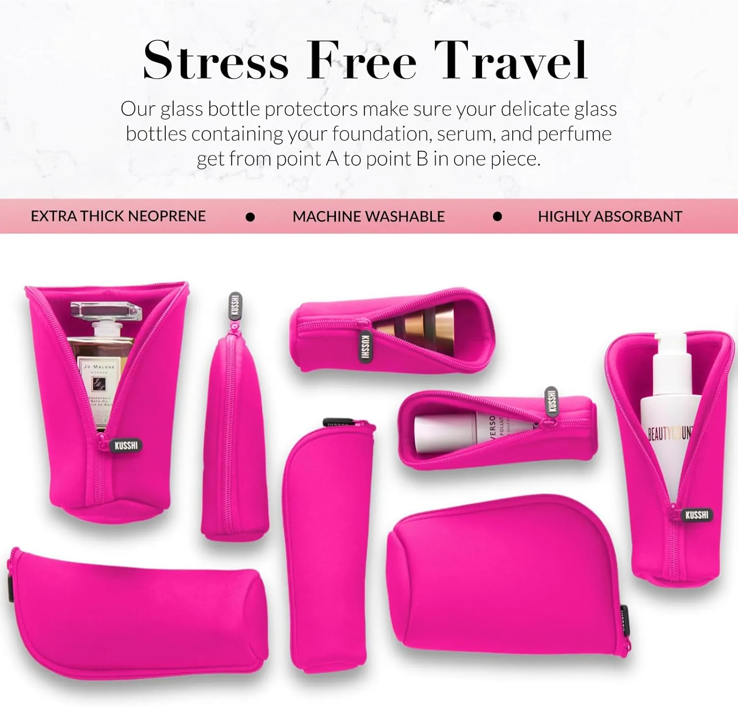 KUSSHI Neoprene Mini Makeup Pouch for Purse and Travel - Travel Pouch for Delicate Bottles and Beauty Items - For Foundations, Serums, Perfumes and More (Size Jumbo, Pink)