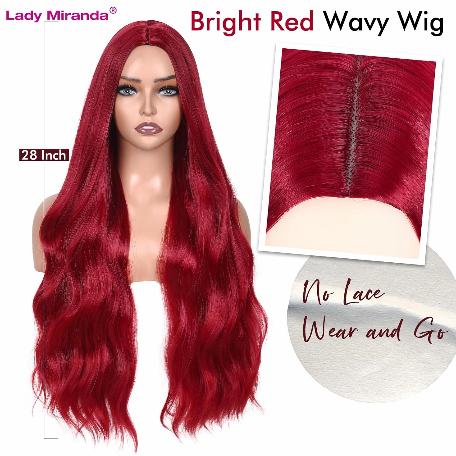 Lady Miranda 28 Inch Long Red Wig Synthetic Red Wigs for Women Long Wavy Wig Body Wave Wigs For Women Natural Middle Part Wigs For Daily Party Life (Red, 28 Inch)