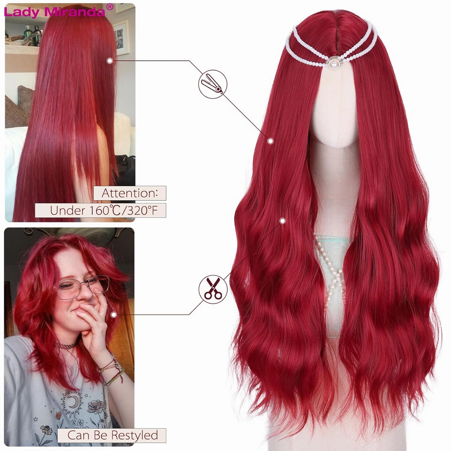 Lady Miranda 28 Inch Long Red Wig Synthetic Red Wigs for Women Long Wavy Wig Body Wave Wigs For Women Natural Middle Part Wigs For Daily Party Life (Red, 28 Inch)