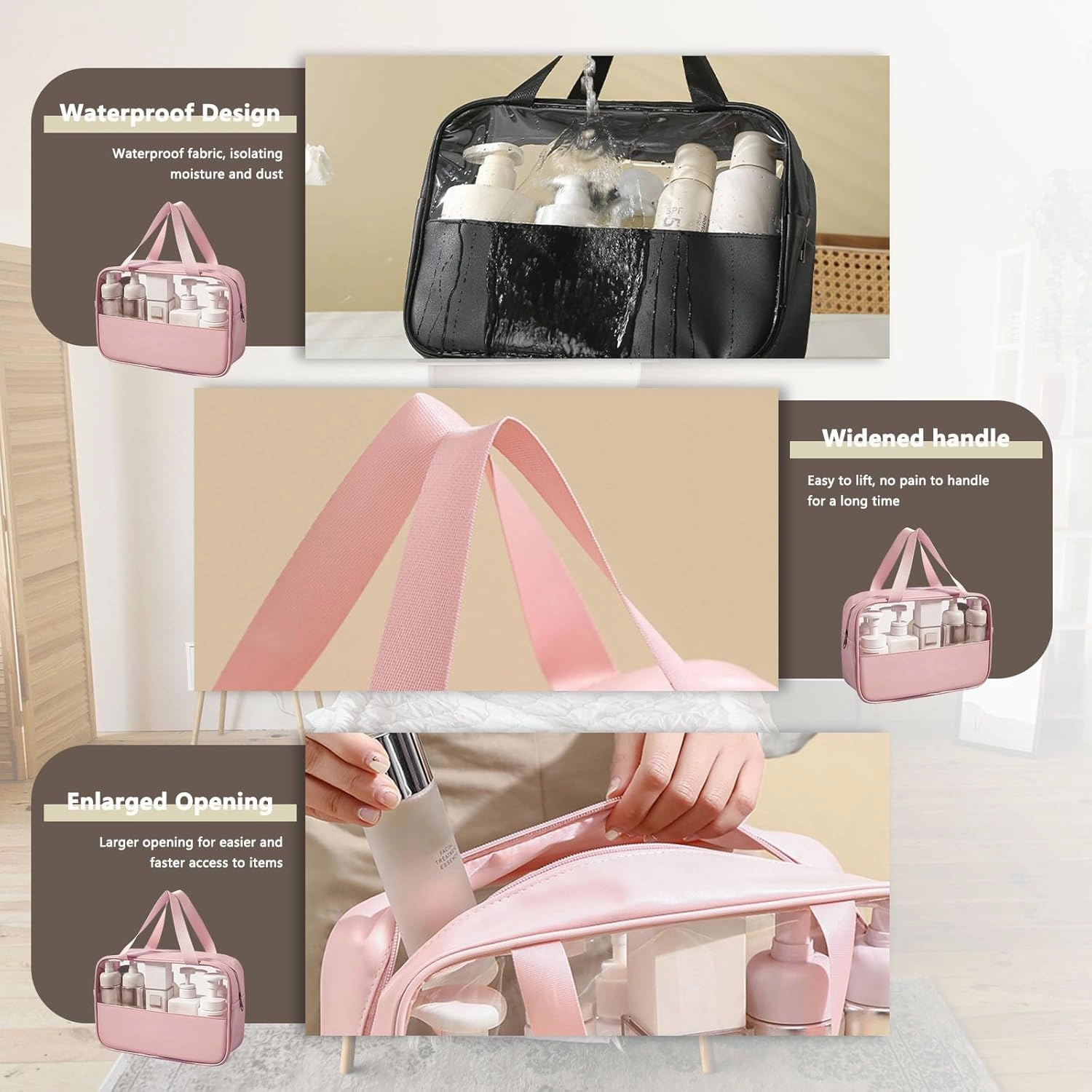 Large Clear Toiletry Bags for Traveling, 4Pcs Waterproof Clear Travel Bags for Toiletries Women Men, Travel Toiletry Bag Set, Transparent Makeup Cosmetic Bag, Pink