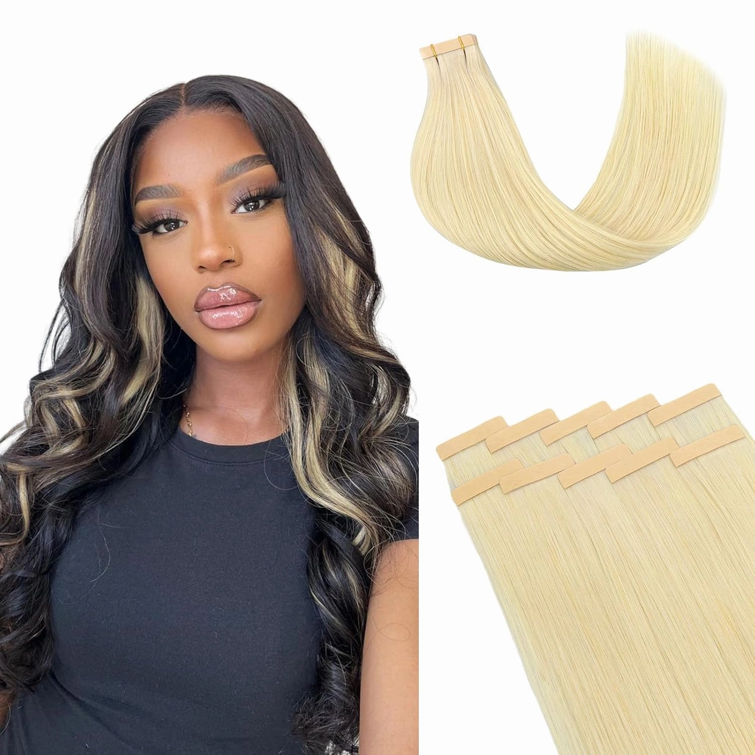 Lashey Human Hair Extensions 25g 10pcs 14 Inch #613 Blonde Tape in Extensions with Highlighted Effect Straight Invisible Hair Extensions for Women