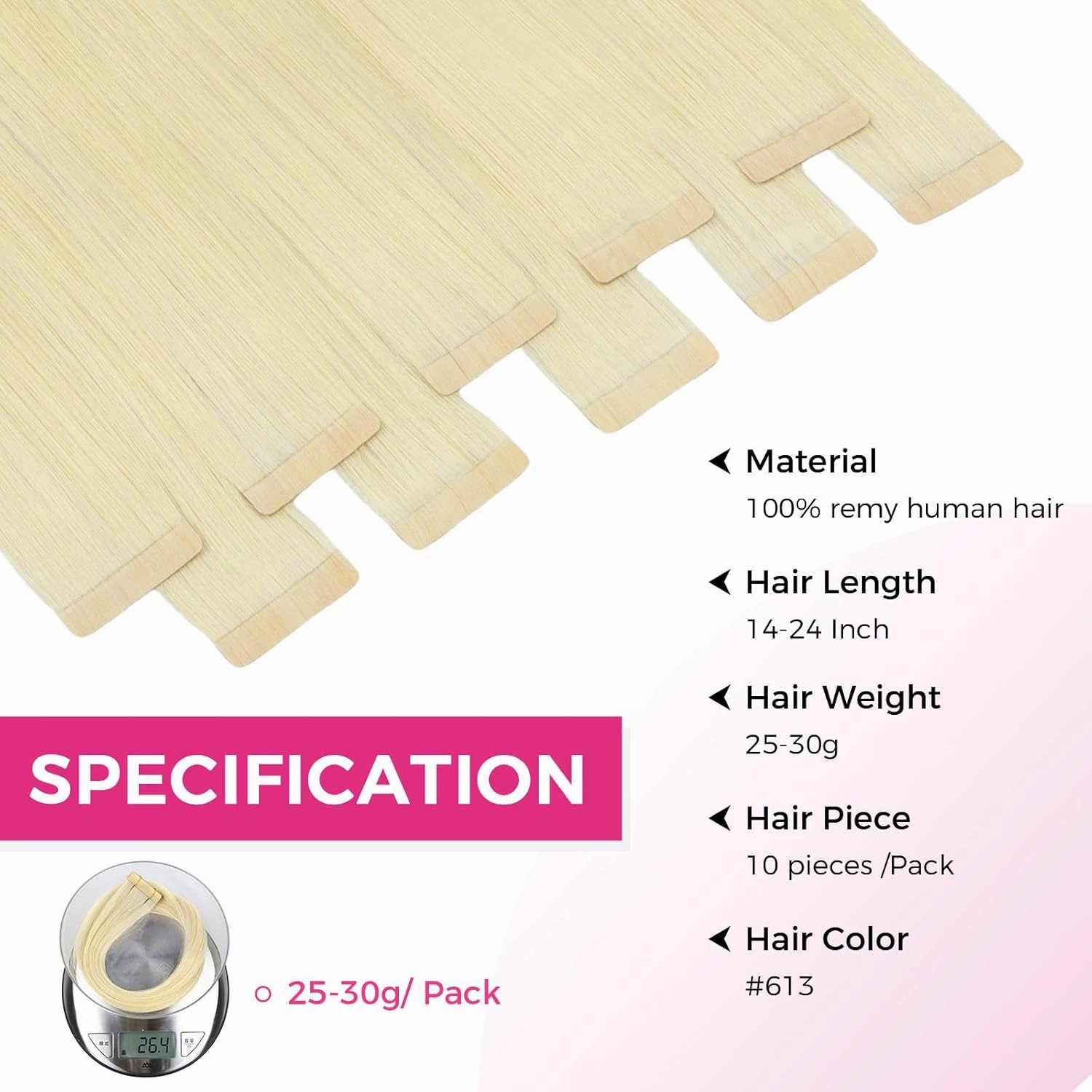 Lashey Human Hair Extensions 25g 10pcs 14 Inch #613 Blonde Tape in Extensions with Highlighted Effect Straight Invisible Hair Extensions for Women