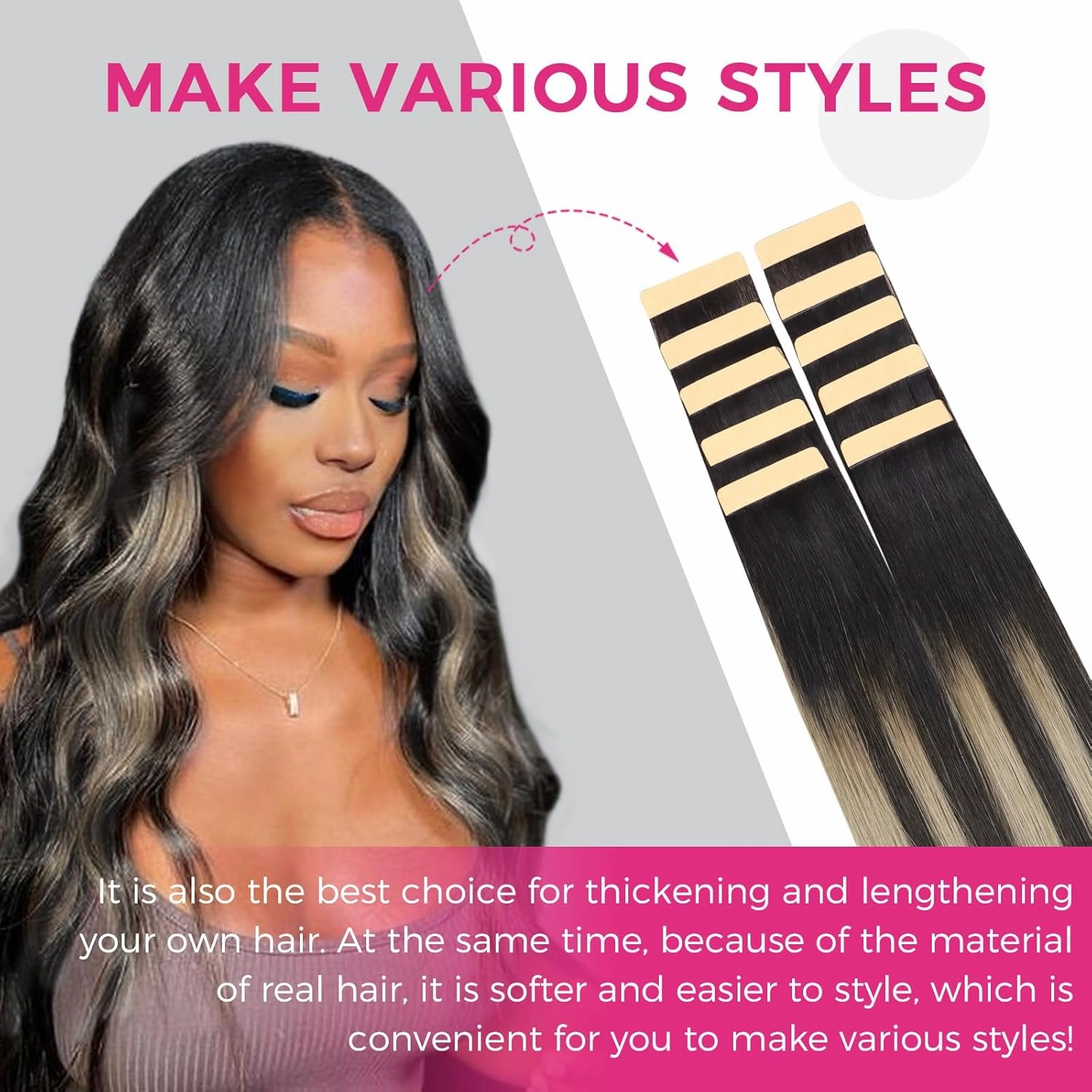 Lashey Tape in Hair Extensions 25g 10pcs 14 Inch Straight Balayage Natural Black to Light Blonde Highlighted Hair Extensions Tape in Hair for Women