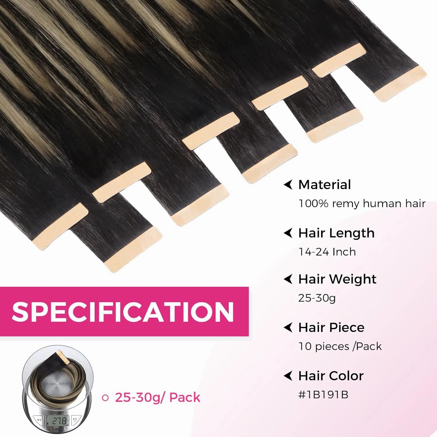 Lashey Tape in Hair Extensions 25g 10pcs 14 Inch Straight Balayage Natural Black to Light Blonde Highlighted Hair Extensions Tape in Hair for Women