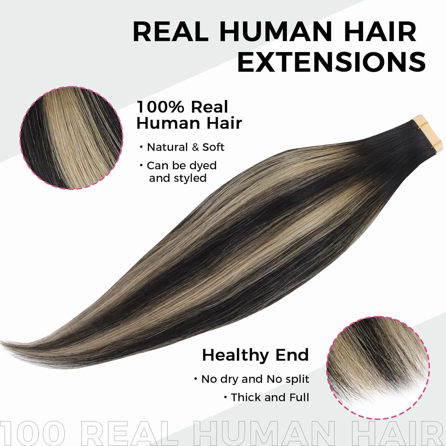 Lashey Tape in Hair Extensions 25g 10pcs 14 Inch Straight Balayage Natural Black to Light Blonde Highlighted Hair Extensions Tape in Hair for Women
