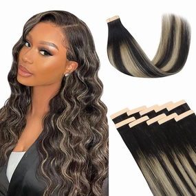 Lashey Tape in Hair Extensions 25g 10pcs 14 Inch Straight Balayage Natural Black to Light Blonde Highlighted Hair Extensions Tape in Hair for Women