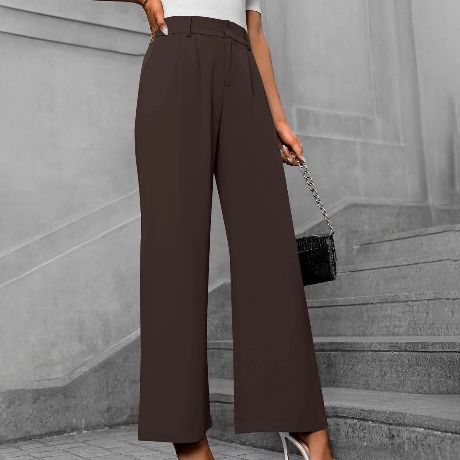 Lastesso Pants for Women Solid Straight Wide Leg Trousers with Pcoekts High Waisted Baggy Business Casual Suit Pants