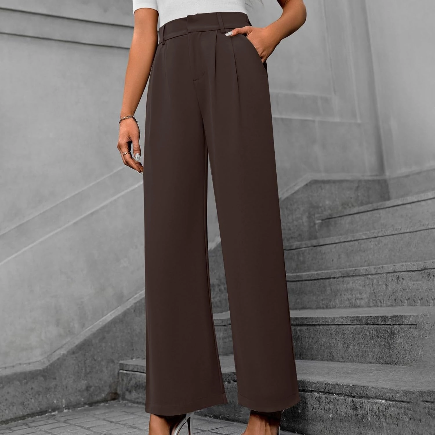 Lastesso Pants for Women Solid Straight Wide Leg Trousers with Pcoekts High Waisted Baggy Business Casual Suit Pants