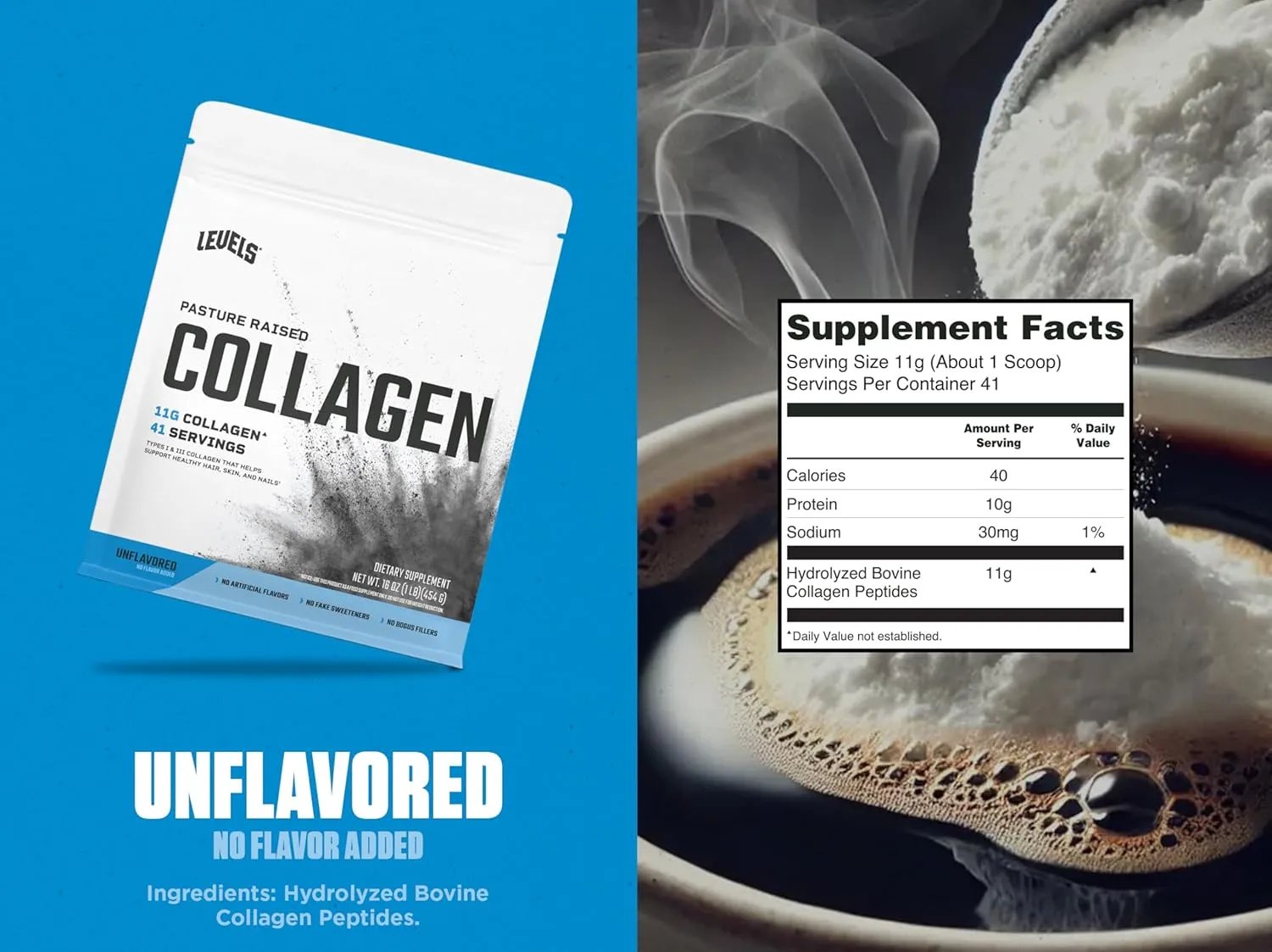 Levels Collagen Peptides, No Artificial Ingredients, 11G of Collagen, Unflavored, 1LB