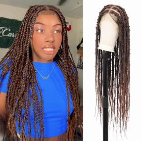 Lexqui 360° HD Full Lace Braided Wigs for Women Knotless Braided Wigs Butterfly Box Braid Wig with Baby Hair Synthetic Hair Braided Lace Front Wigs Brown 36Inch