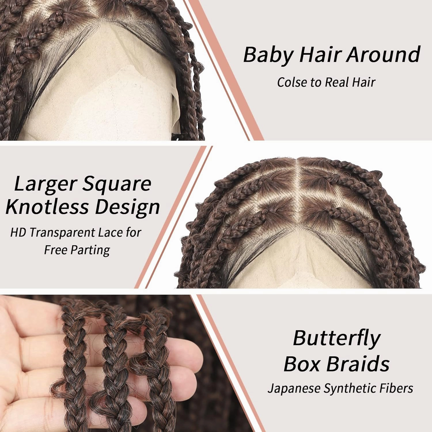 Lexqui 360° HD Full Lace Braided Wigs for Women Knotless Braided Wigs Butterfly Box Braid Wig with Baby Hair Synthetic Hair Braided Lace Front Wigs Brown 36Inch