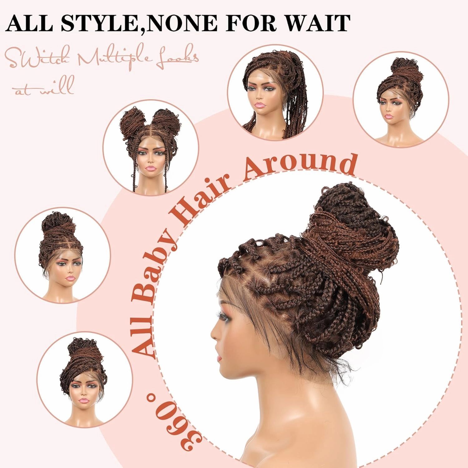 Lexqui 360° HD Full Lace Braided Wigs for Women Knotless Braided Wigs Butterfly Box Braid Wig with Baby Hair Synthetic Hair Braided Lace Front Wigs Brown 36Inch