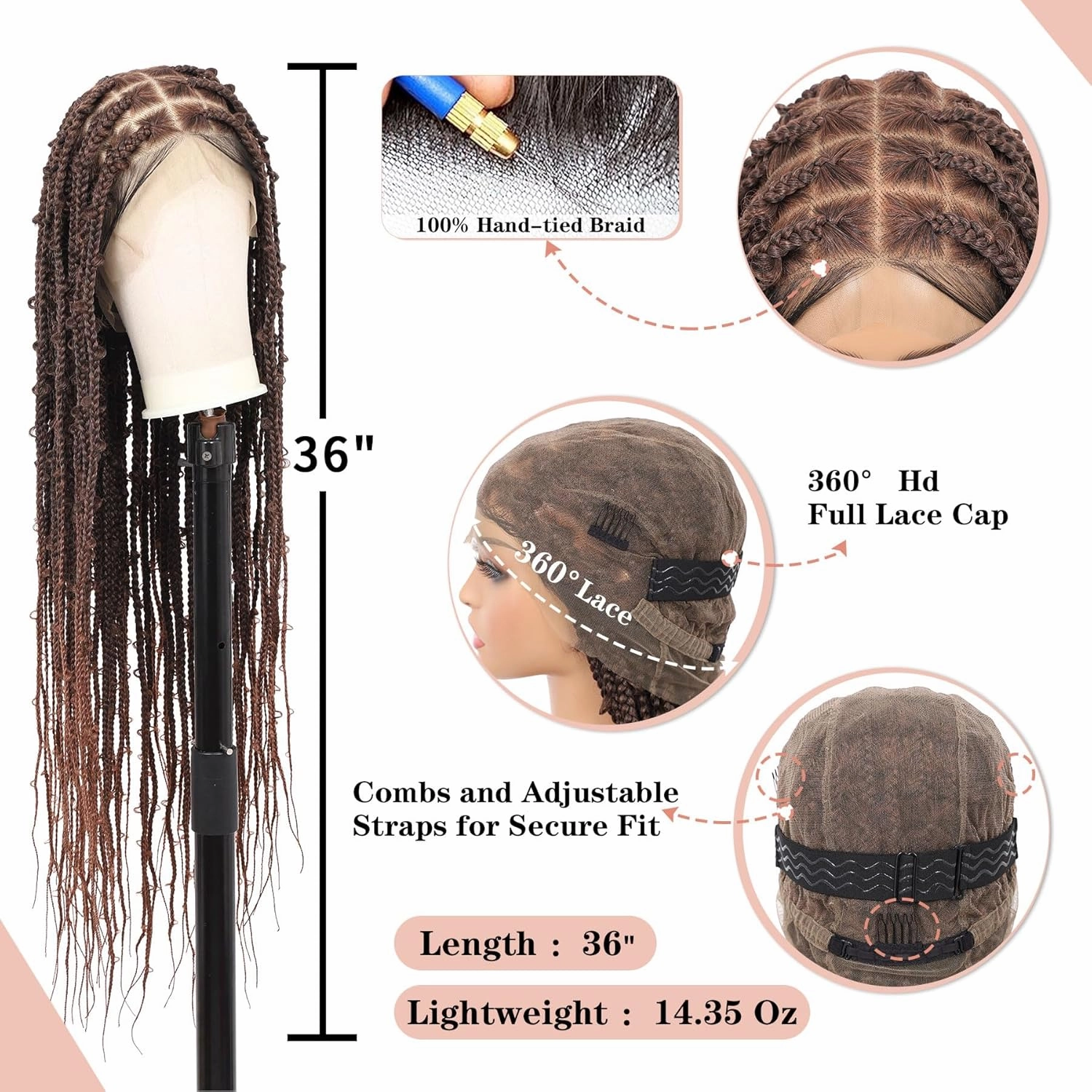Lexqui 360° HD Full Lace Braided Wigs for Women Knotless Braided Wigs Butterfly Box Braid Wig with Baby Hair Synthetic Hair Braided Lace Front Wigs Brown 36Inch