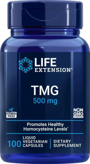 Life Extension TMG 500mg, 100 Liquid Veg Caps - Trimethylglycine (Glycine Betaine) Supplement - Gluten Free, Non-GMO, Vegetarian