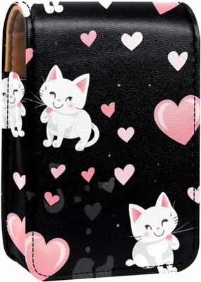 Lipstick Case,Leather Lip Gloss Lipstick Organizer with Mirror,Mini Lipstick Holder Bag,Cats Pink Black