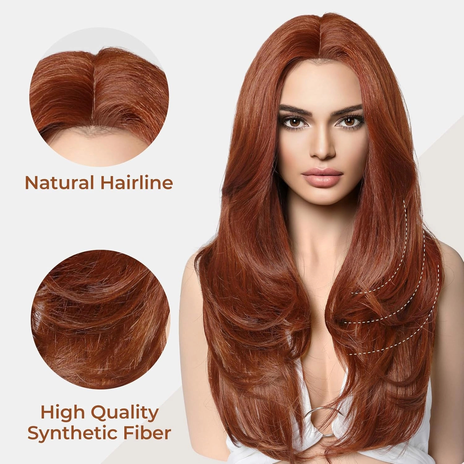 LONAI Copper Red Wigs for Women 24" Long Red Middle Part Layered Wig Synthetic Hair Wig for Daily Use Party Cosplay