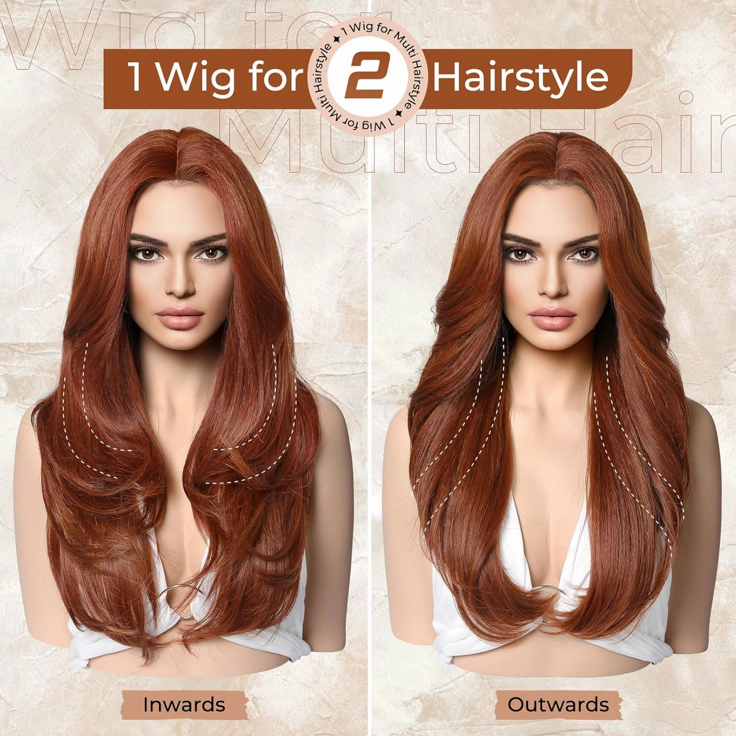 LONAI Copper Red Wigs for Women 24" Long Red Middle Part Layered Wig Synthetic Hair Wig for Daily Use Party Cosplay
