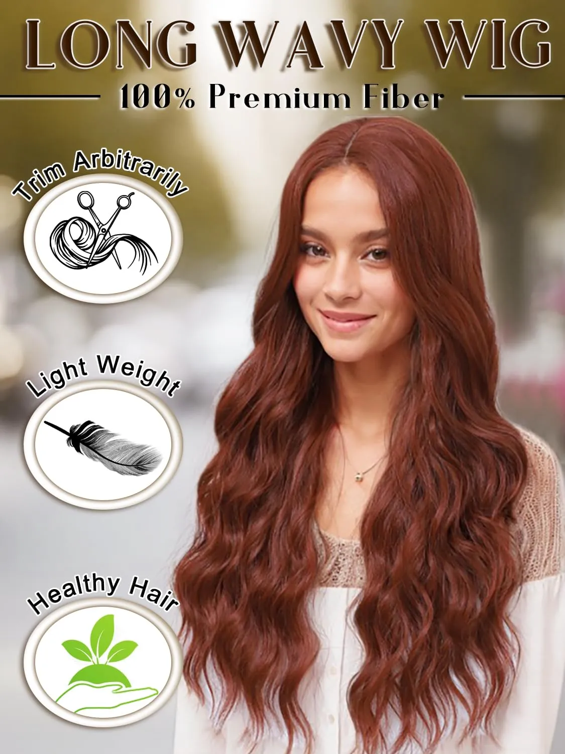 Long Auburn Wavy Wigs for Women 26 Inch Middle Part Curly Wig Natural Looking Synthetic Copper Red Body Wave Wig for Cosplay Daily Party Use