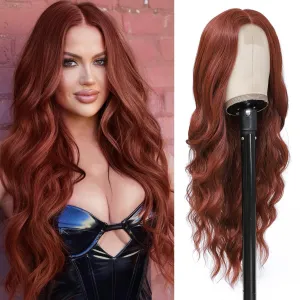 Long Auburn Wavy Wigs for Women 26 Inch Middle Part Curly Wig Natural Looking Synthetic Copper Red Body Wave Wig for Cosplay Daily Party Use