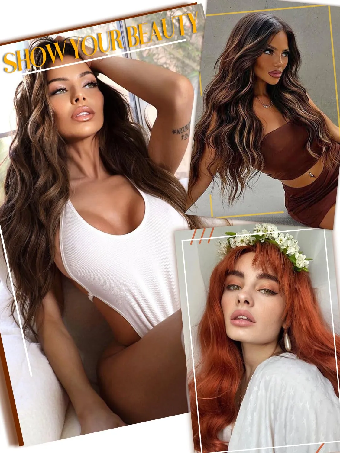 Long Auburn Wavy Wigs for Women 26 Inch Middle Part Curly Wig Natural Looking Synthetic Copper Red Body Wave Wig for Cosplay Daily Party Use