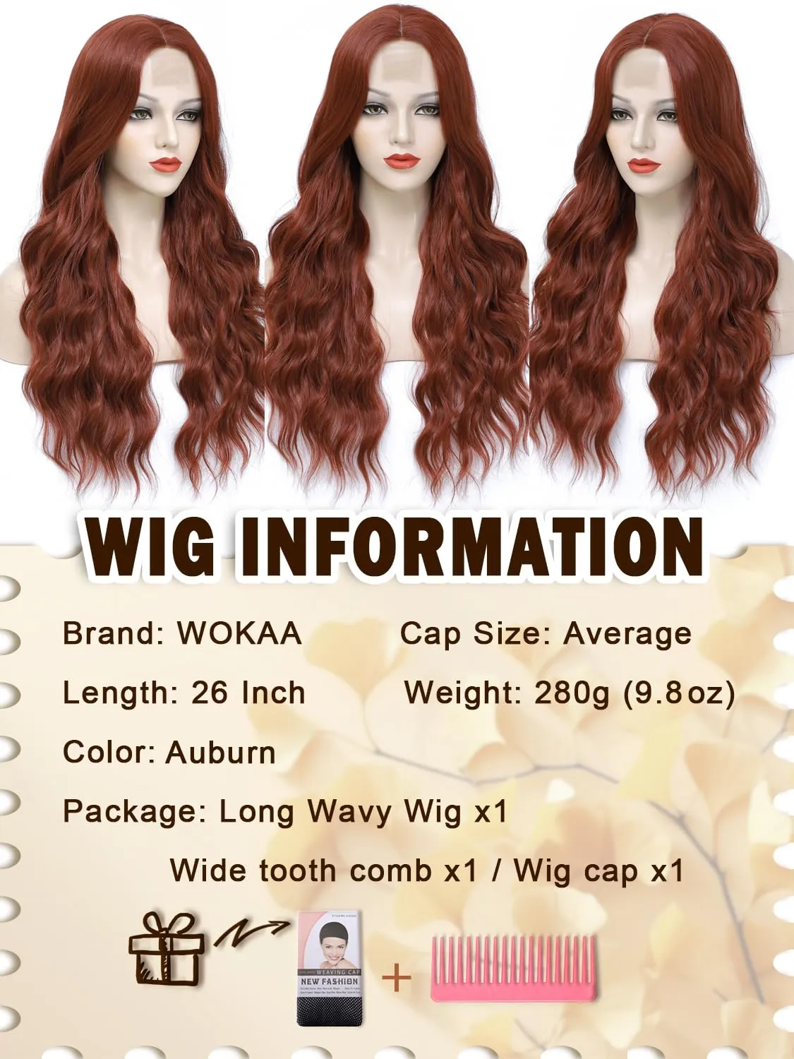 Long Auburn Wavy Wigs for Women 26 Inch Middle Part Curly Wig Natural Looking Synthetic Copper Red Body Wave Wig for Cosplay Daily Party Use