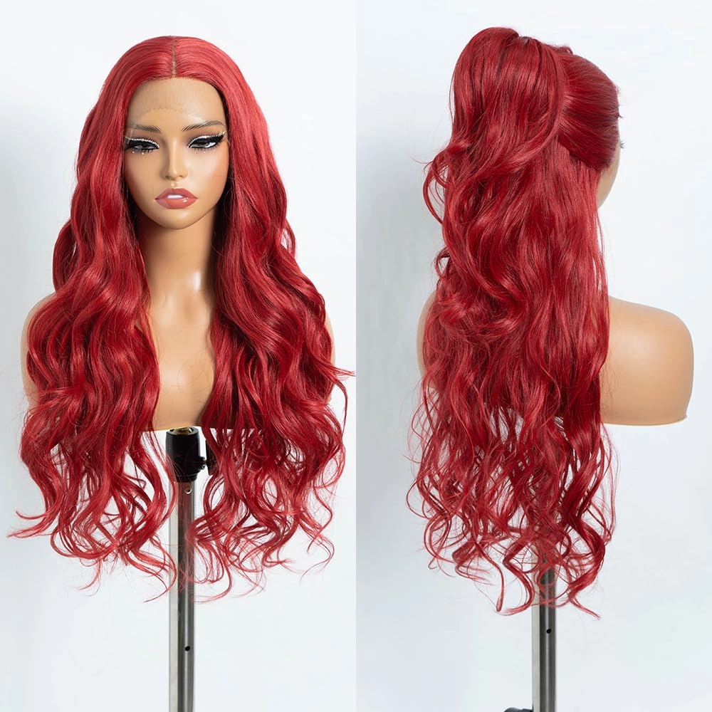 Long Wavy Synthetic Lace Front Wig for Women 30 inches Middle Part Natural Hairline Heat Resistant Fiber Wigs for Daily Party (Red)