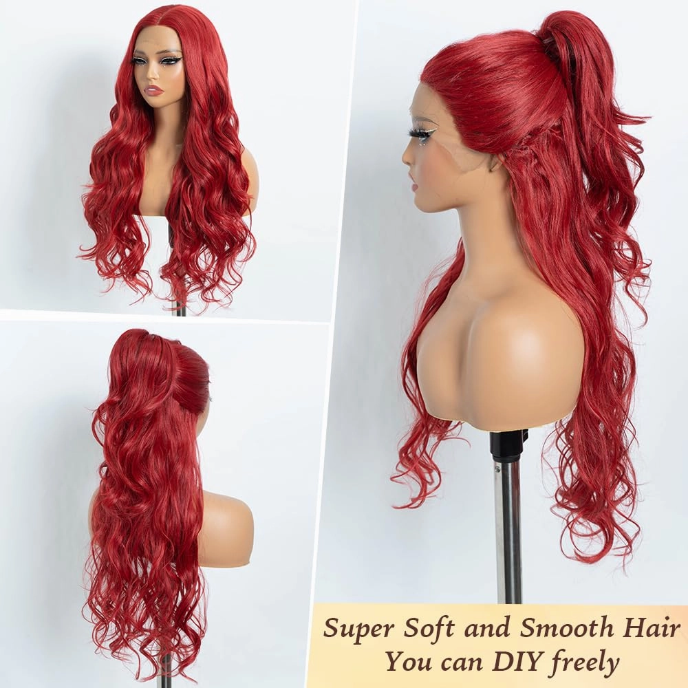Long Wavy Synthetic Lace Front Wig for Women 30 inches Middle Part Natural Hairline Heat Resistant Fiber Wigs for Daily Party (Red)