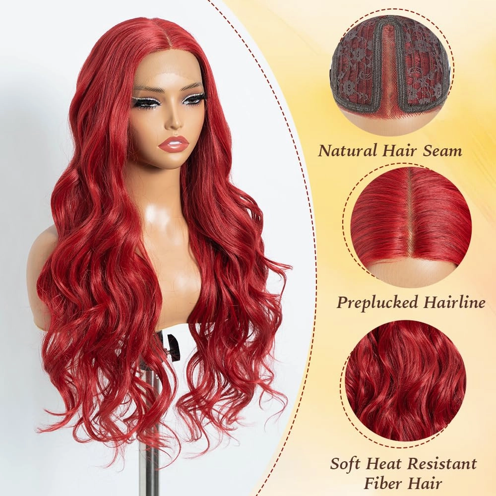 Long Wavy Synthetic Lace Front Wig for Women 30 inches Middle Part Natural Hairline Heat Resistant Fiber Wigs for Daily Party (Red)