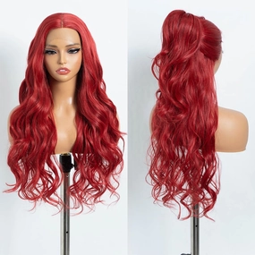Long Wavy Synthetic Lace Front Wig for Women 30 inches Middle Part Natural Hairline Heat Resistant Fiber Wigs for Daily Party (Red)