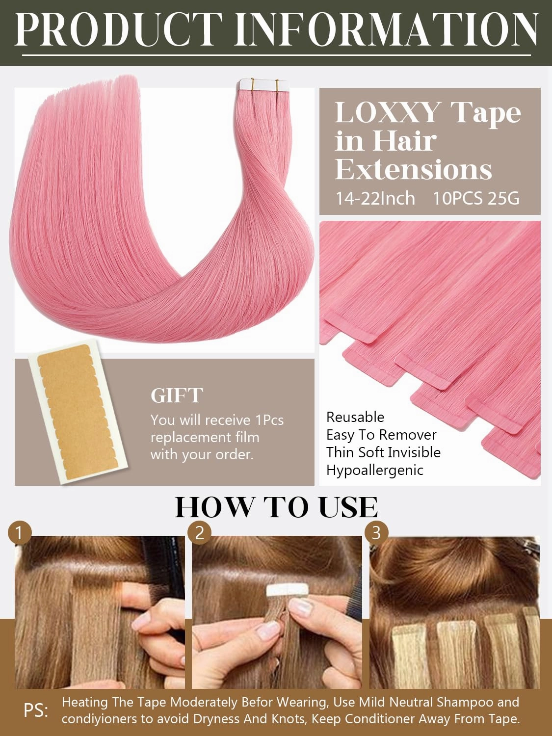 Loxxy Colored Tape in Hair Extensions Human Hair Pink 10pcs Remy Invisible 18inch Soft Remy Hair Extensions Real Human Hair Tape in for Women 25gram