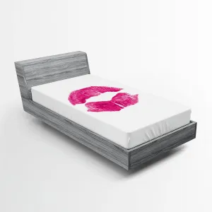 Lunarable Kiss Fitted Sheet, Realistic Looking Female Lipstick Print in Pink Shade on White Backdrop Glamor, Bed Cover with All-Round Elastic Deep Pocket for Comfort, Twin Size, Fuchsia White