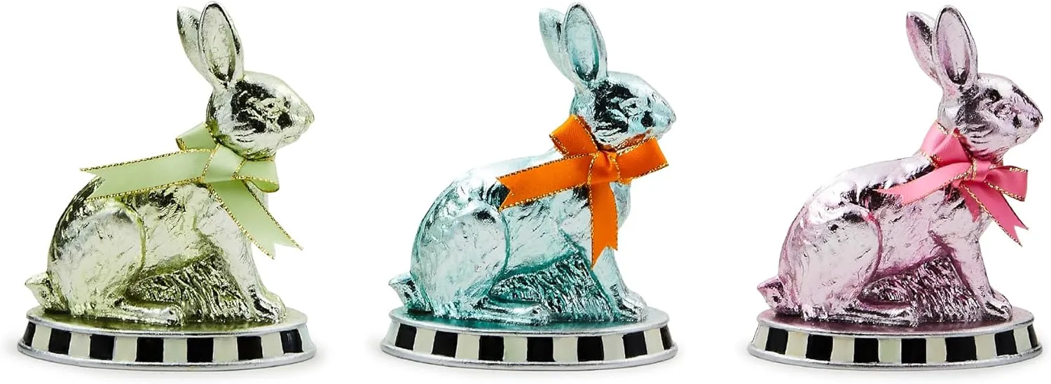 MACKENZIE-CHILDS Set of 3 Calico Mini Foil Bunny Figures, Spring and Easter Rabbit Decor
